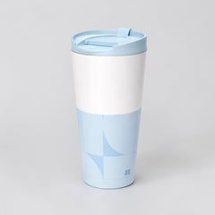 Stockka tall white and light blue stainless steel travel mug with lid, double-walled for insulation.