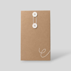 Stockka vertical brown kraft paper envelope with white string and disc closure for documents and marketing materials.