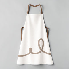 Stockka white full-length apron with brown trim and a taupe swirl graphic. Made of polyester-cotton blend.
