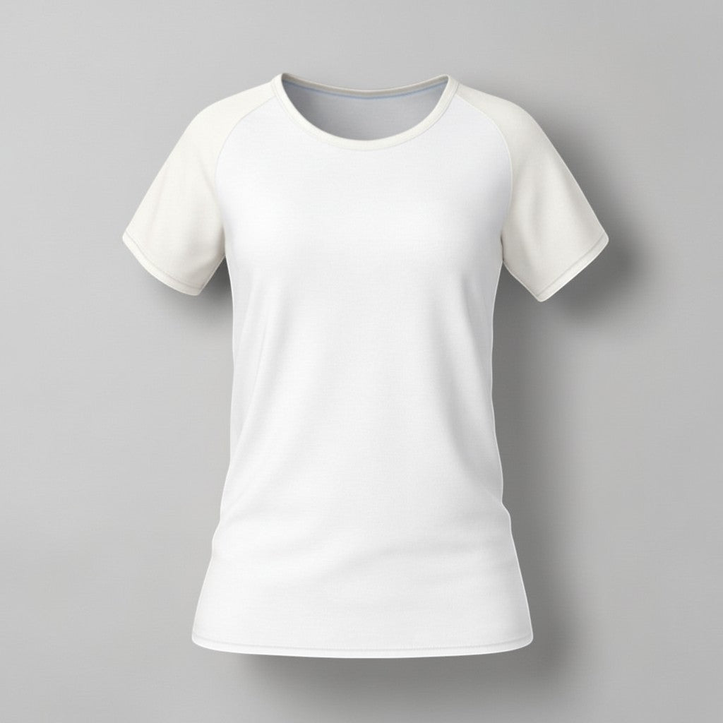 Stockka women's white cotton t-shirt with light blue raglan sleeves and crew neck. Comfortable fit.