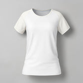 Stockka women's white cotton t-shirt with light blue raglan sleeves and crew neck. Comfortable fit.