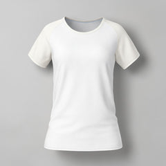 Stockka women's white cotton t-shirt with light blue raglan sleeves and crew neck. Comfortable fit.
