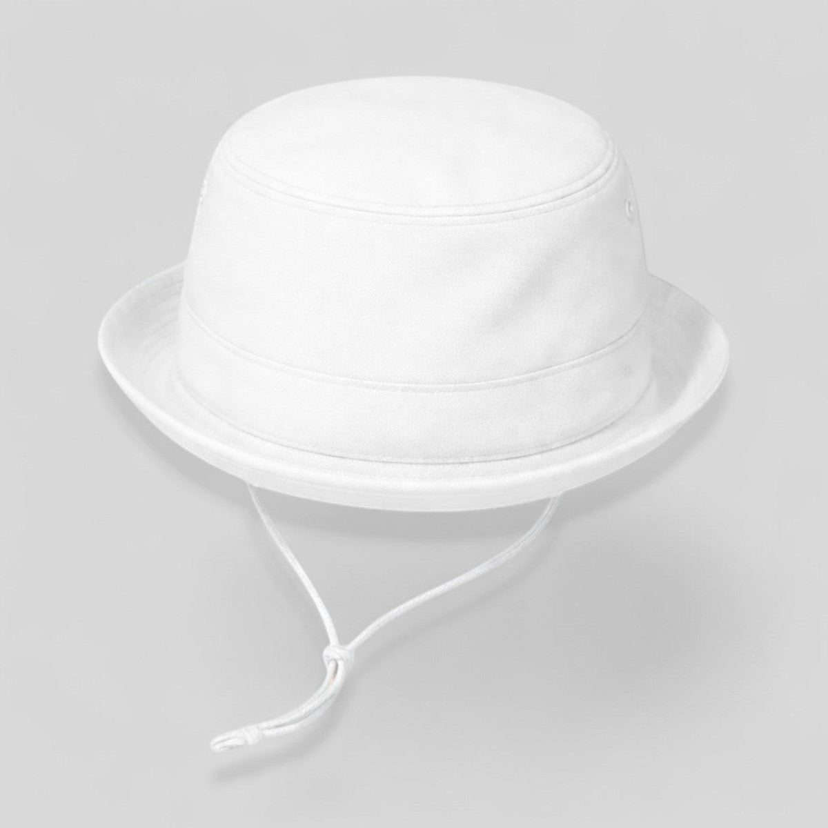 Stockka white canvas bucket hat with drawstring for sun protection during outdoor activities like beach, golf, and fishing.