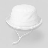 Stockka white canvas bucket hat with drawstring for sun protection during outdoor activities like beach, golf, and fishing.