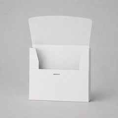 Stockka white matte coated cardboard box with front opening and internal tabs for secure closure. Ideal for marketing kits or small product sets.