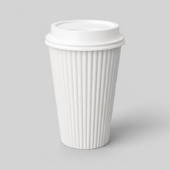 Stockka white corrugated paper coffee cup with a black plastic lid, perfect for hot beverages.