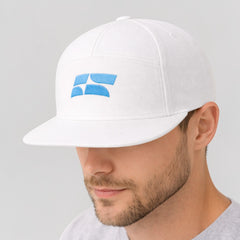 Stockka white cotton flat brim baseball cap with blue embroidered logo, ideal for outdoor activities.