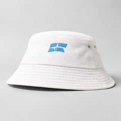 Stockka white cotton bucket hat with blue embroidered logo and adjustable fit. Unisex design.
