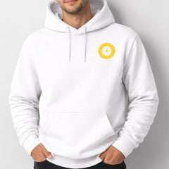 Stockka white cotton hoodie for men with drawstring and front pocket, featuring a yellow circular logo on the chest.