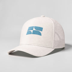 Stockka white cotton mesh cap with blue embroidered logo, adjustable size, unisex.