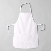 Stockka white full-length apron with rounded bottom and front pocket, made of cotton-polyester blend.