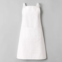 Stockka white full-length cotton-polyester blend apron with a large front pocket and adjustable shoulder straps.