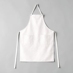 Stockka full length white cotton-polyester blend apron with two front pockets and adjustable waist ties.