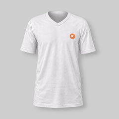 Stockka white cotton v-neck t-shirt with short sleeves and a small orange logo on the chest