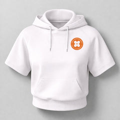Stockka white cotton short sleeve cropped hoodie with drawstring and front pocket, featuring an orange floral logo.