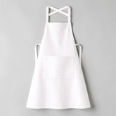 Stockka white cotton-polyester blend full-length apron with crossed straps and large front pocket.