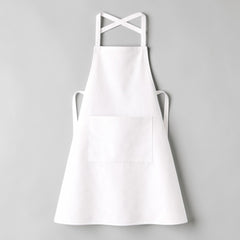 Stockka white cotton-polyester blend full-length apron with crossed straps and large front pocket.