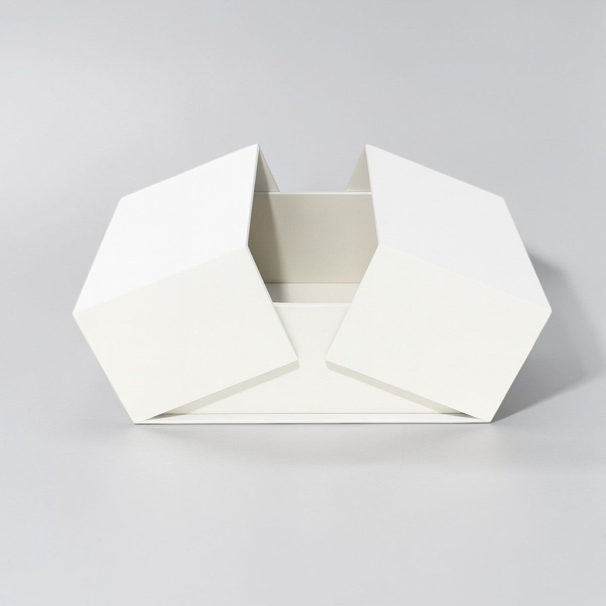Stockka premium rigid gift box with double center opening, white laminated cardboard.
