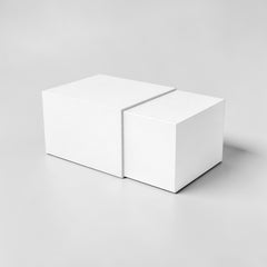 Stockka white drawer gift box with glossy sleeve, made of 400gsm coated paper and grey cardboard.