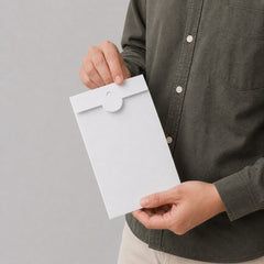 Stockka white matte coated cardboard envelope with round tuck-lock closure for greeting cards and invitations.