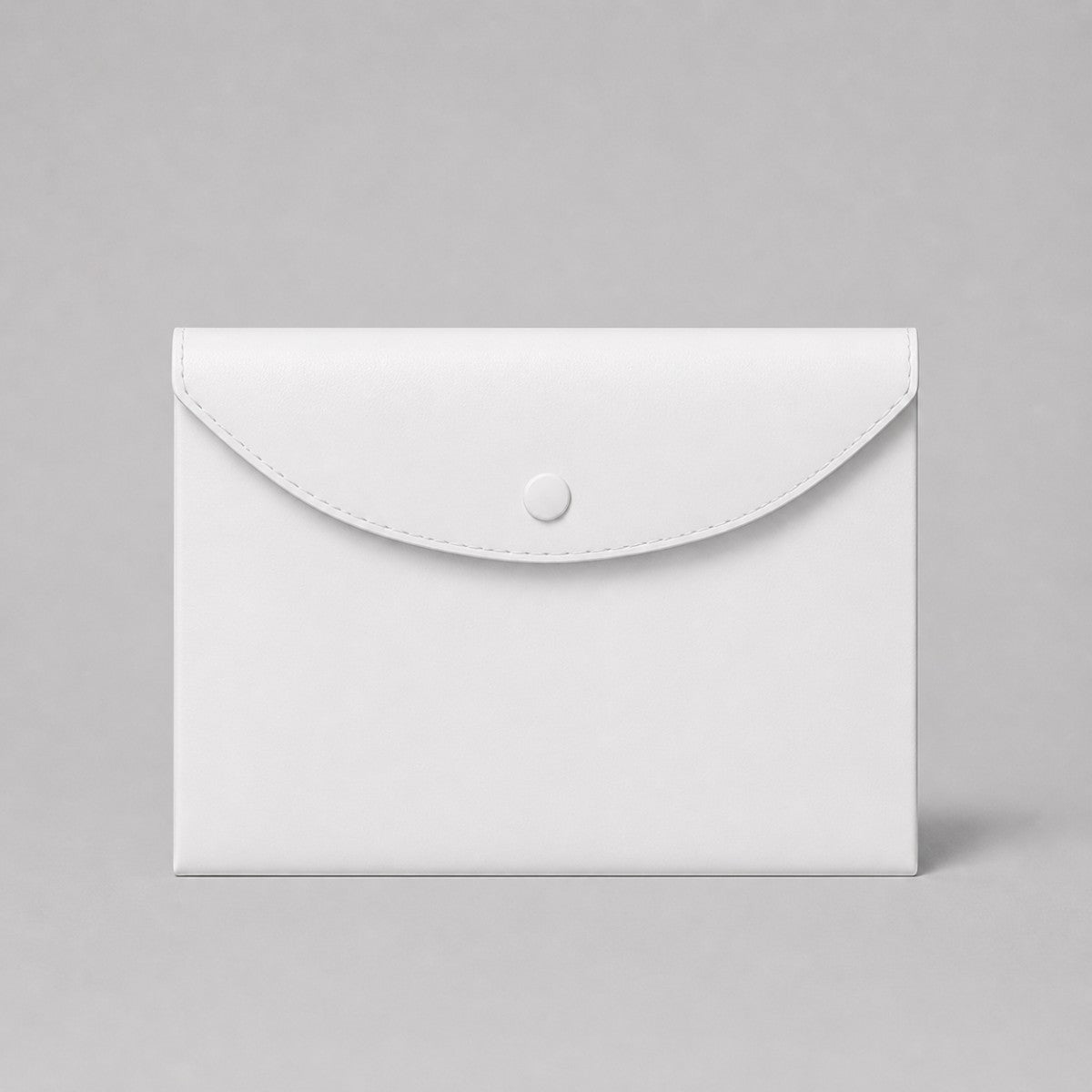 Stockka white faux leather document envelope with metal snap closure and stitched detailing. Ideal for storing certificates, documents, or invitations.