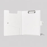 Stockka white faux leather presentation folder with internal clipboard and document pocket. Ideal for meetings and organizing papers.