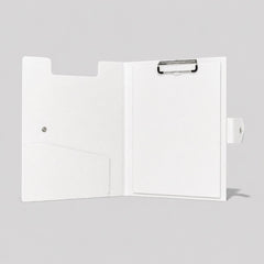 Stockka white faux leather presentation folder with internal clipboard and document pocket. Ideal for meetings and organizing papers.