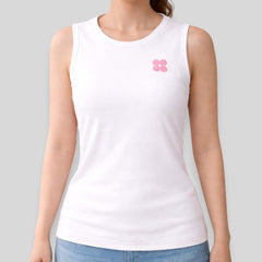 Stockka white sleeveless athletic tank top with pink floral logo, made of breathable polyester blend.