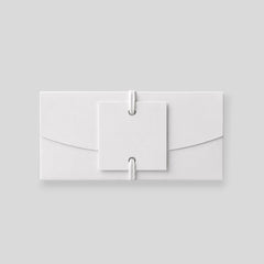 Stockka white paper gift envelope with double ribbon closure and external card for messages or gift cards.