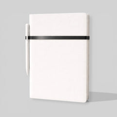 Stockka white hardcover notebook with pen holder and black elastic closure, 80 lined pages.