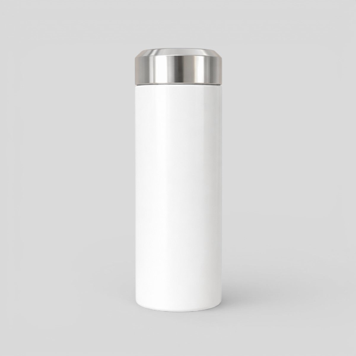 Stockka white stainless steel insulated water bottle with silver screw-on lid, 120 characters.