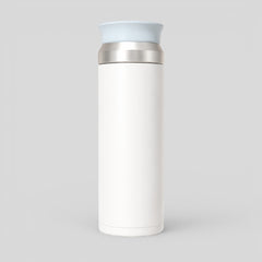 Stockka white insulated stainless steel water bottle with light blue lid and easy-sip spout.