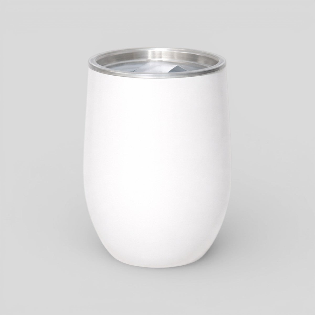 Stockka white insulated stainless steel wine tumbler with clear lid, double-walled for temperature control.