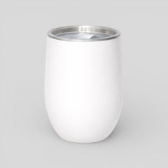 Stockka white insulated stainless steel wine tumbler with clear lid, double-walled for temperature control.