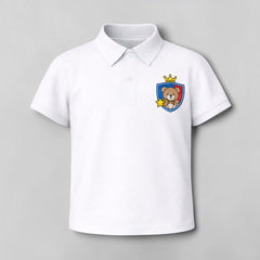 Stockka white polyester kids' polo shirt with a teddy bear crest featuring a crown and star.