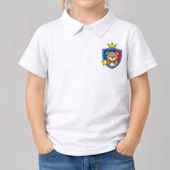 Stockka white polyester kids polo shirt with teddy bear crest and crown detail. Moisture-wicking fabric.