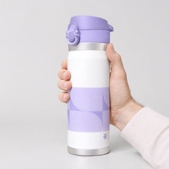 Stockka white and lavender stainless steel thermal bottle with flip-top lid and secure lock. Double-walled insulation.