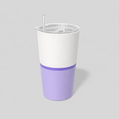 Stockka white and lavender double-walled stainless steel tumbler with clear lid and metal straw. Ergonomic design for hot or cold drinks.