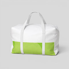 Stockka white and lime green polyester duffel bag with white handles, perfect for travel and sports.