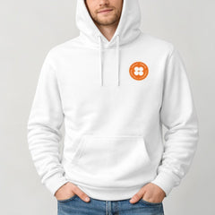 Stockka white cotton oversized hoodie for men with drawstring and orange logo detail on chest. Casual and comfortable.