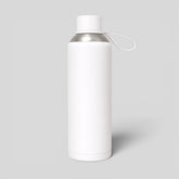 Stockka white metal water bottle with secure lid and carrying strap, ideal for travel and daily use.