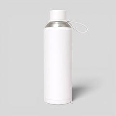 Stockka white metal water bottle with secure lid and carrying strap, ideal for travel and daily use.