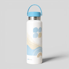 Stockka white metal water bottle with blue lid and handle, featuring abstract blue and tan wave design.