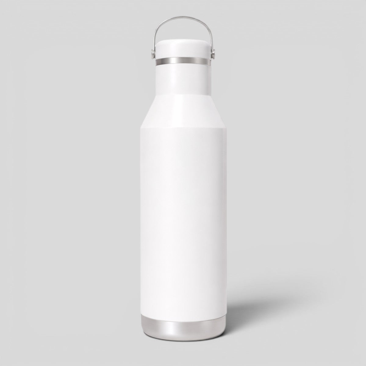 Stockka white metal water bottle with silver handle and cap, ideal for sports and outdoor activities.