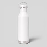 Stockka white metal water bottle with silver handle and cap, ideal for sports and outdoor activities.