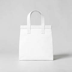 Stockka medium white non-woven polypropylene tote bag with strong handles, ideal for retail and food service.