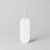 Stockka white oval hang tag with string loop, ideal for clothing and retail products.