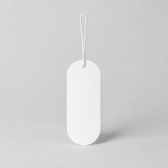 Stockka white oval hang tag with string loop, ideal for clothing and retail products.