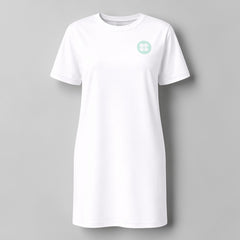 Stockka white 100% cotton oversized t-shirt dress with a round neckline and a small mint green logo on the chest.