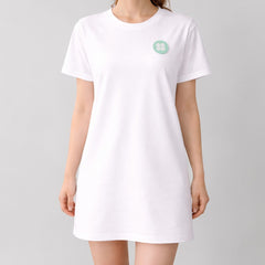 Stockka white 100% cotton oversized t-shirt dress with round neckline and short sleeves, featuring a small mint green circular logo on the chest.
